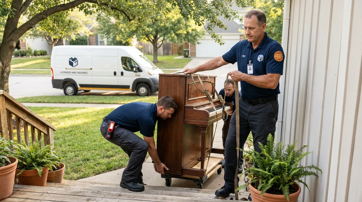 Licensed piano movers securing grand piano in Brighton, TN