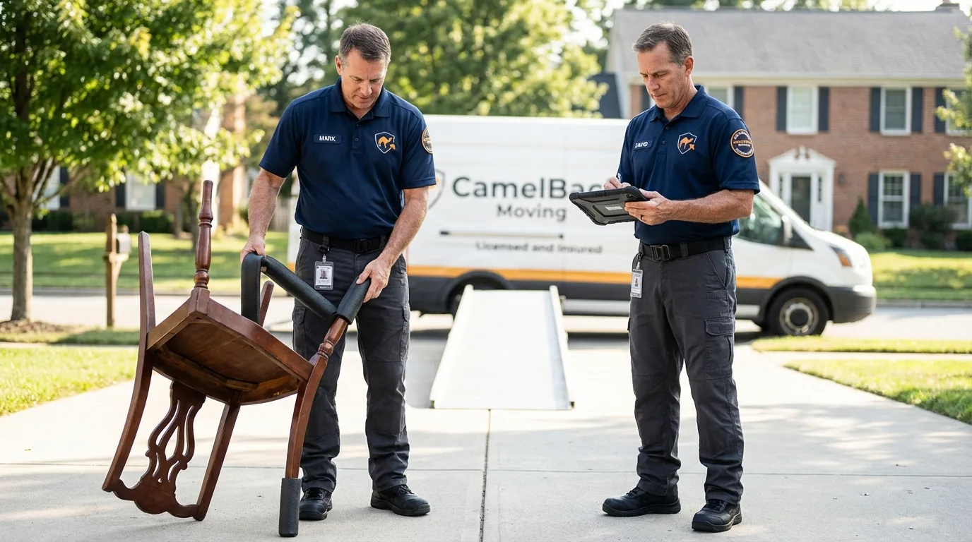 Movers inspecting furniture for damage prevention before loading in Brighton, TN